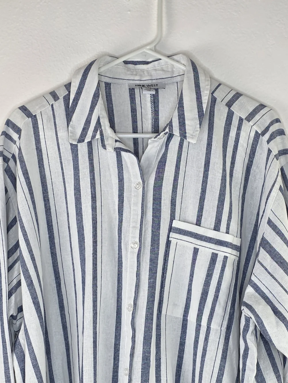 Nine West Jeans Linen Blend Blue & White Stripe Button Down Shirt Size 1X